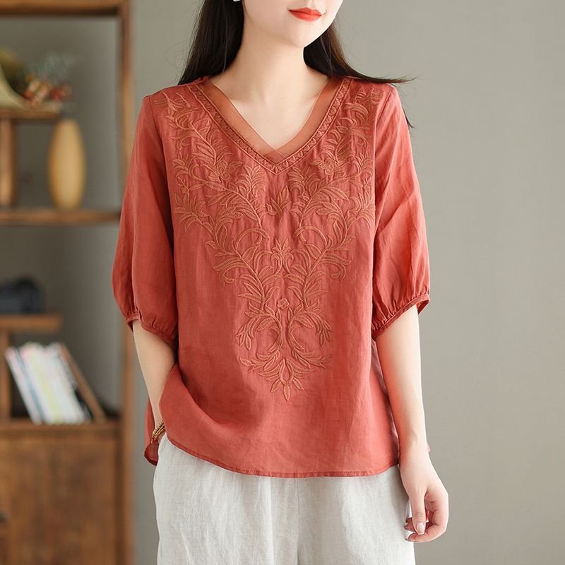 Womens Embroidered shirt in Linen cotton - Image 2