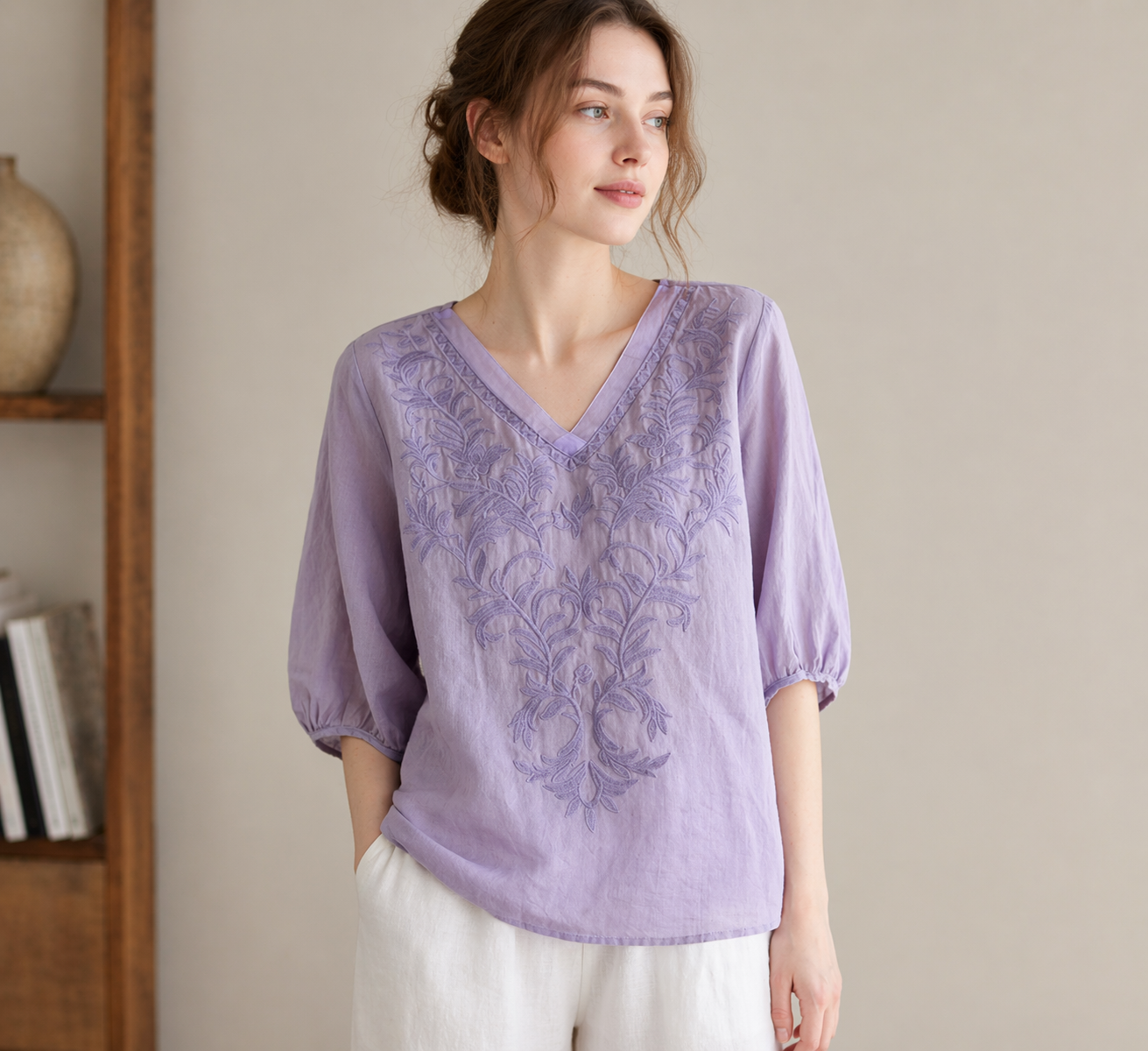 Womens Embroidered shirt in Linen cotton - Image 6