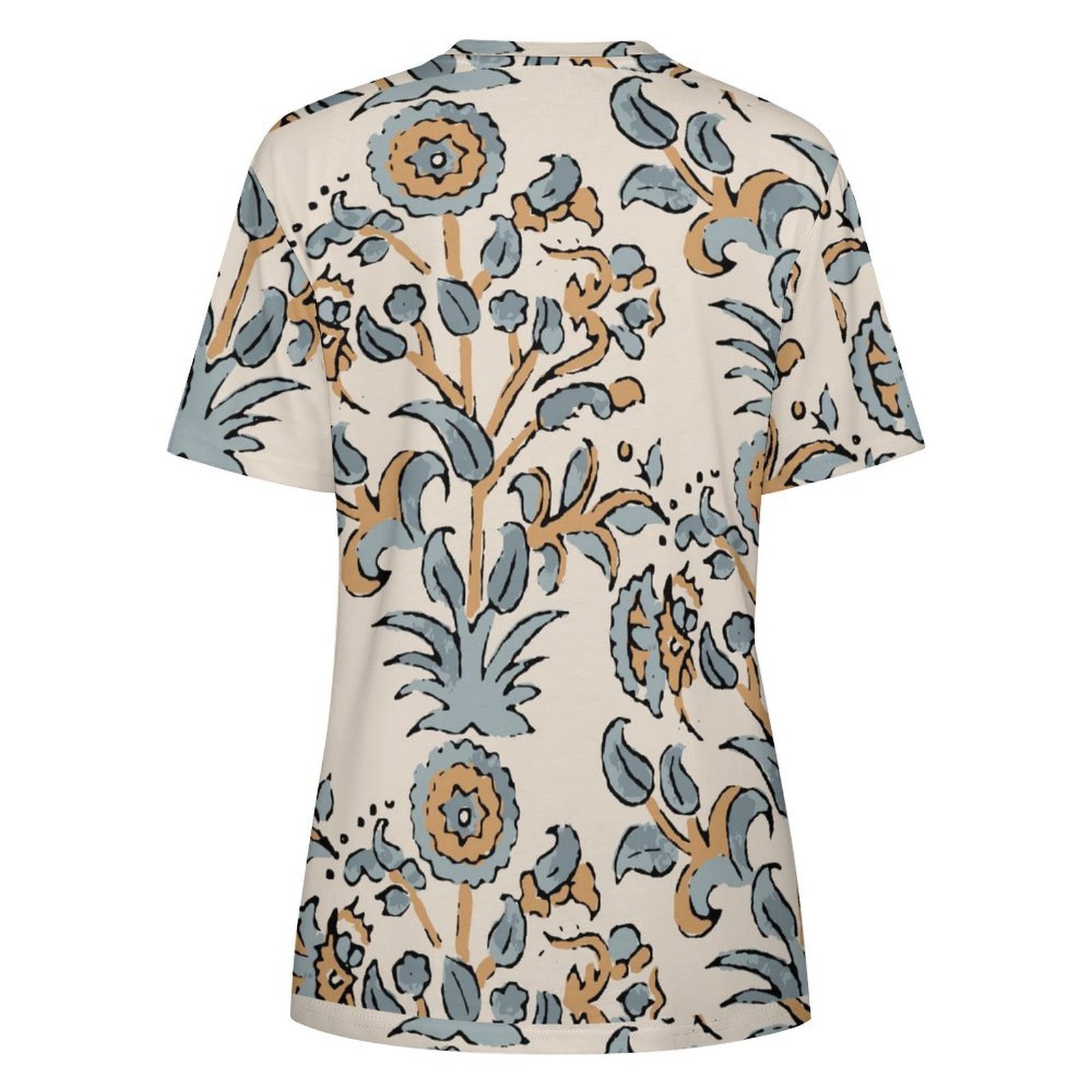 Beige & Blue Floral Print Casual T-Shirt All-Over Print Women's Cotton T-Shirt - Image 2