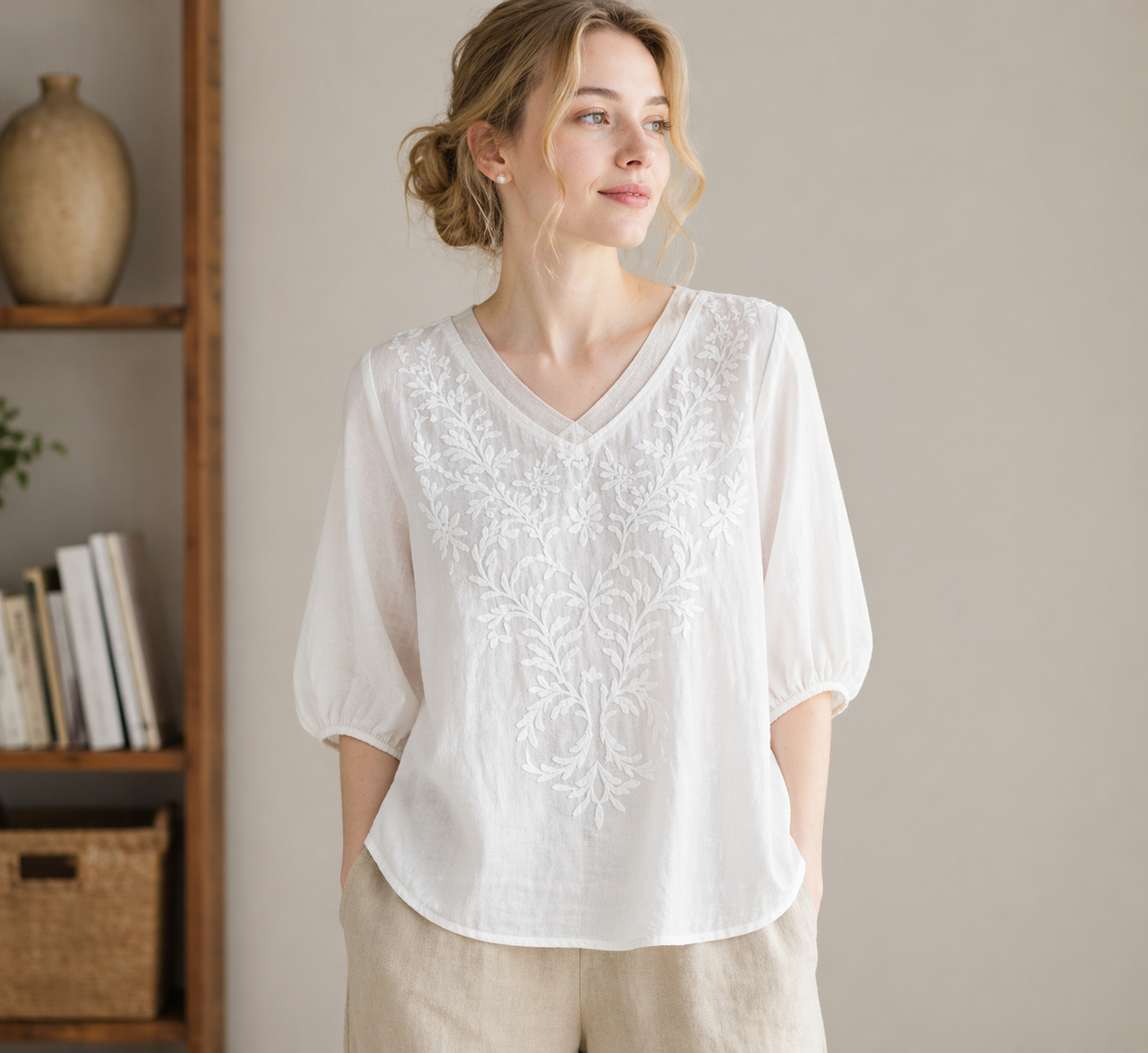 Womens Embroidered shirt in Linen cotton - Image 7