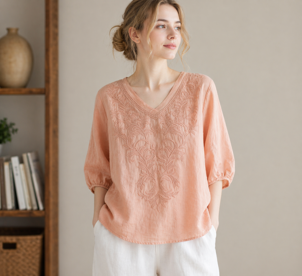 Womens Embroidered shirt in Linen cotton