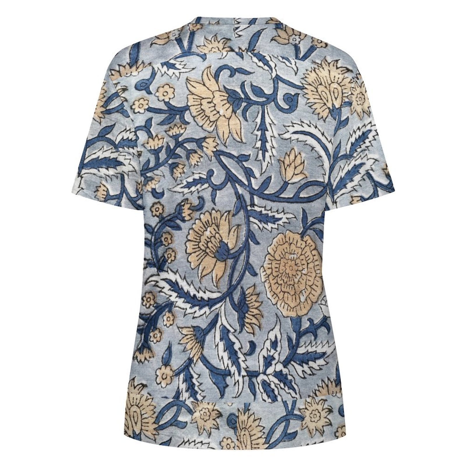 Blue & Beige Floral Print T-Shirt All-Over Print Women's Cotton T-Shirt - Image 2