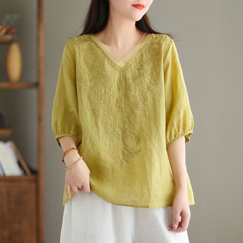 Womens Embroidered shirt in Linen cotton - Image 5