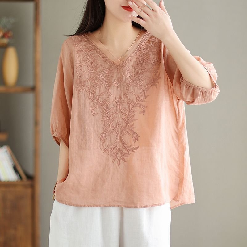 Womens Embroidered shirt in Linen cotton - Image 4