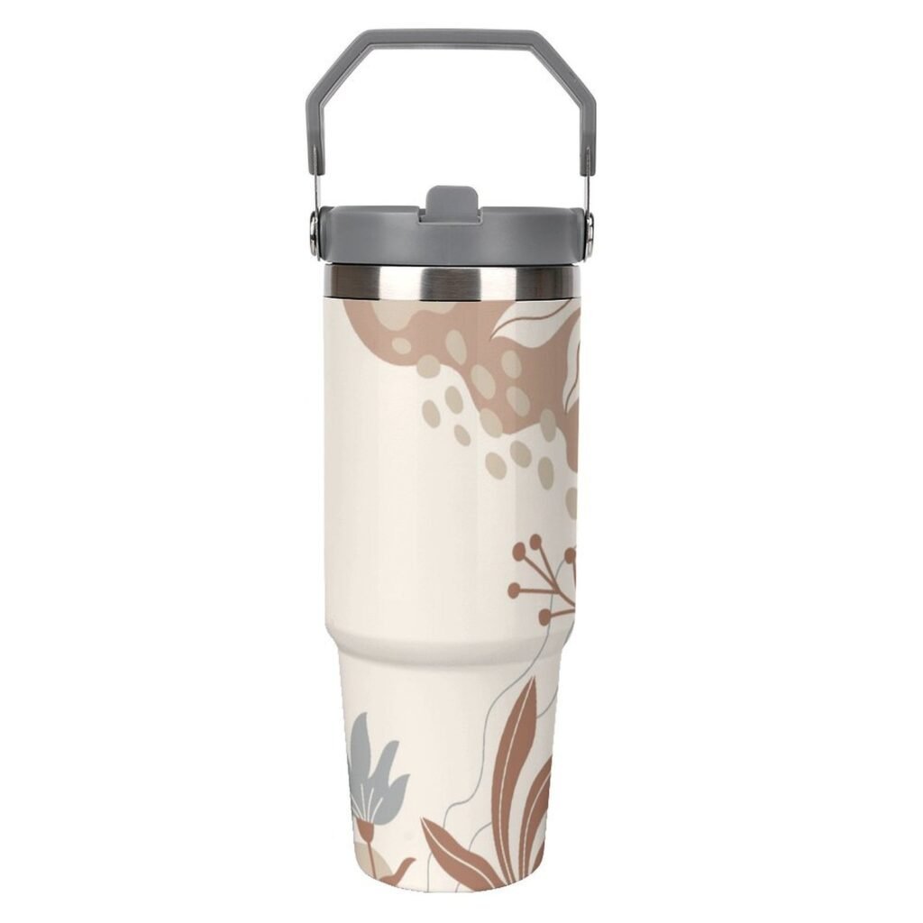 Drinkware Tumbler Vacuum Flask -Brown Beige Abstract Tumbler with Top Handle (30oz)