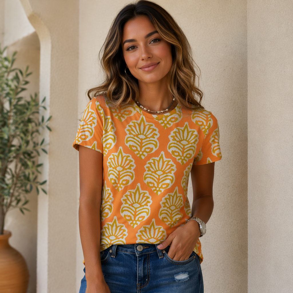 Floral Print Yellow Orange Women’s T-Shirt All-Over Print Women's Cotton T-Shirt