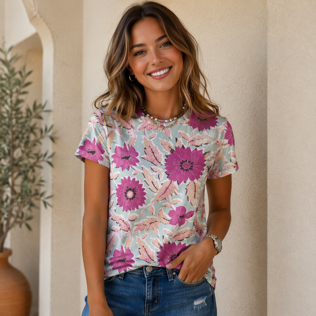 Floral Print blush magenta tone Women’s T-Shirt All-Over Print Women's Cotton T-Shirt