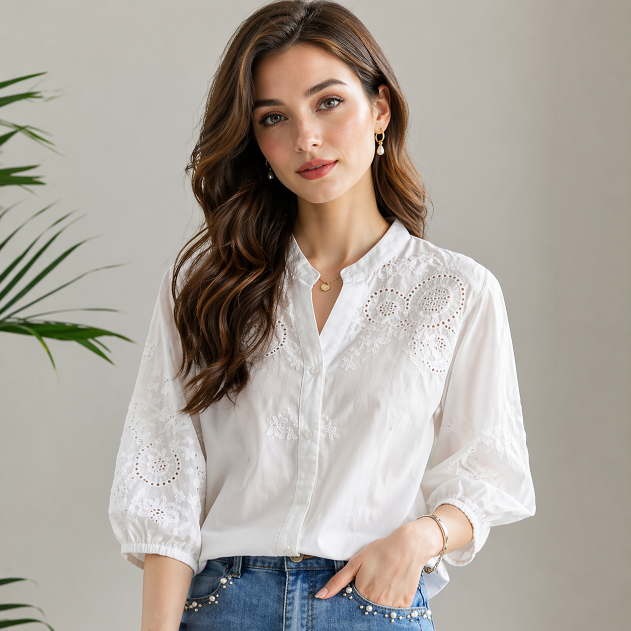 Pure Cotton Embroidered V-Neck Shirt - Image 7