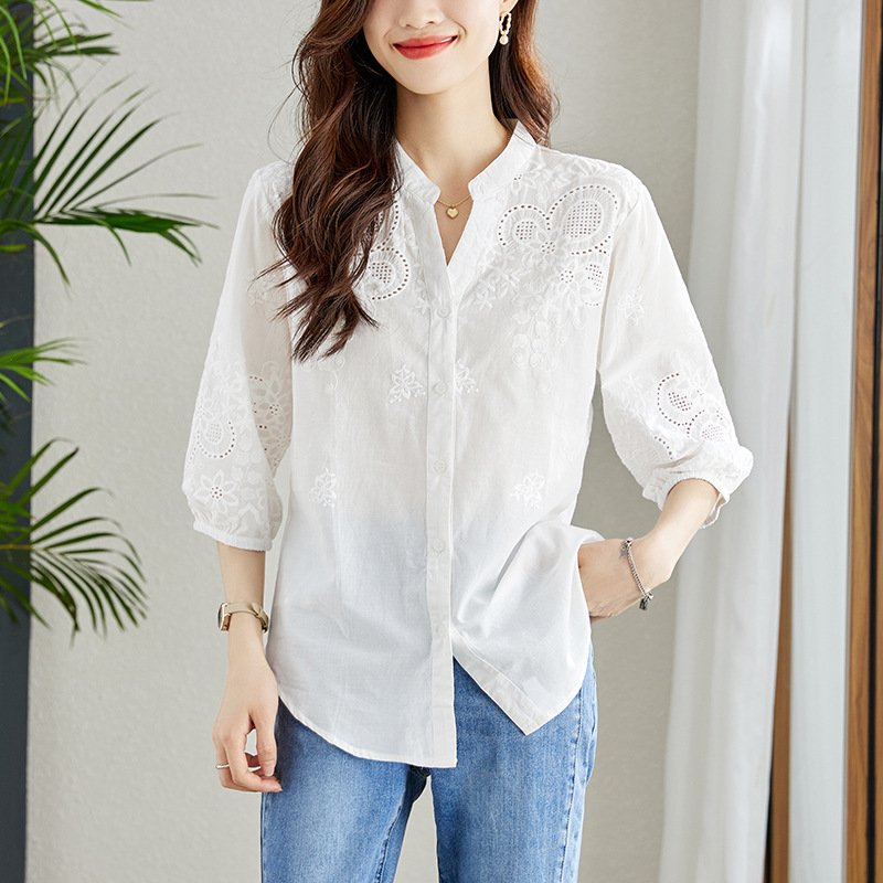 Pure Cotton Embroidered V-Neck Shirt - Image 3