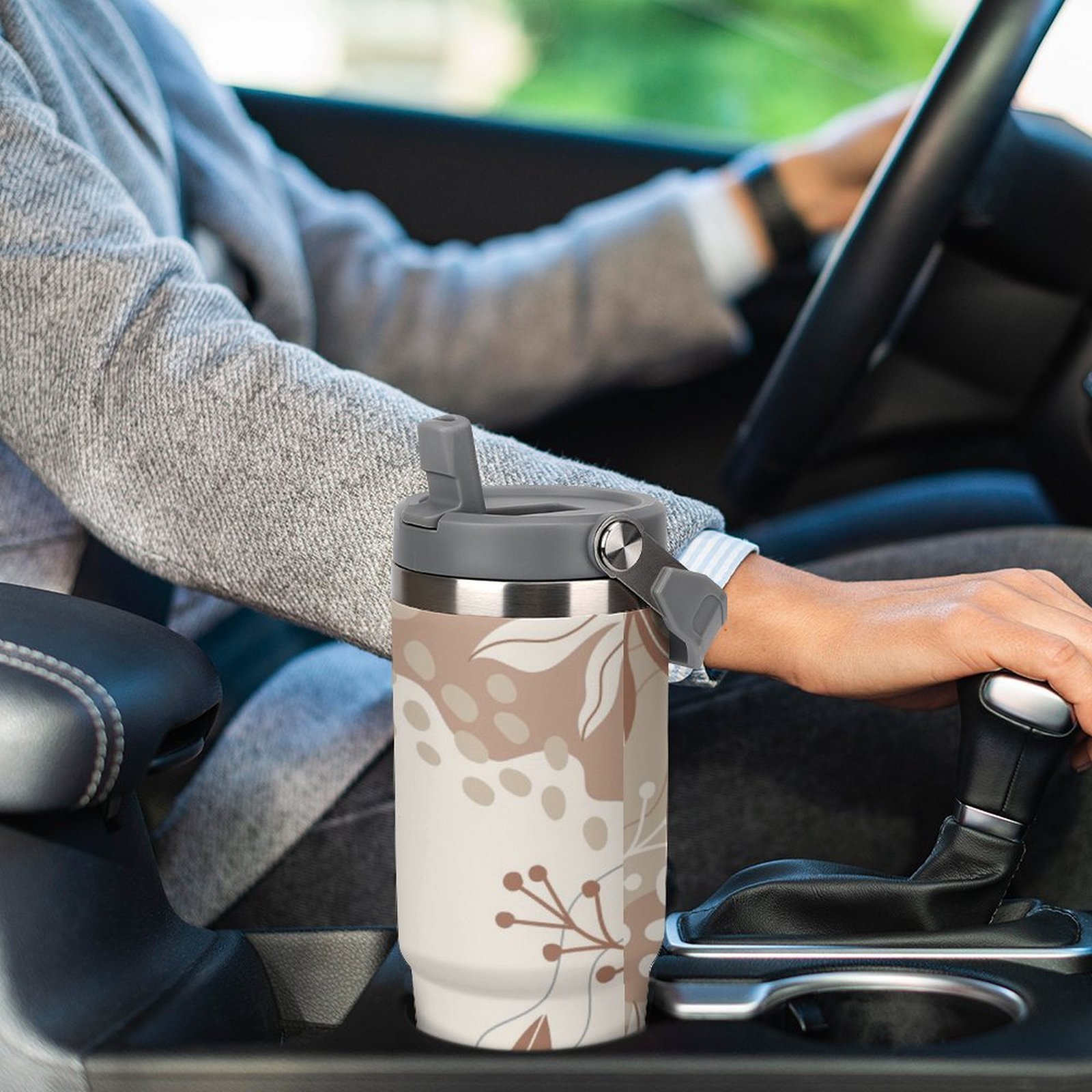 Drinkware Tumbler Vacuum Flask -Brown Beige Abstract Tumbler with Top Handle (30oz) - Image 3