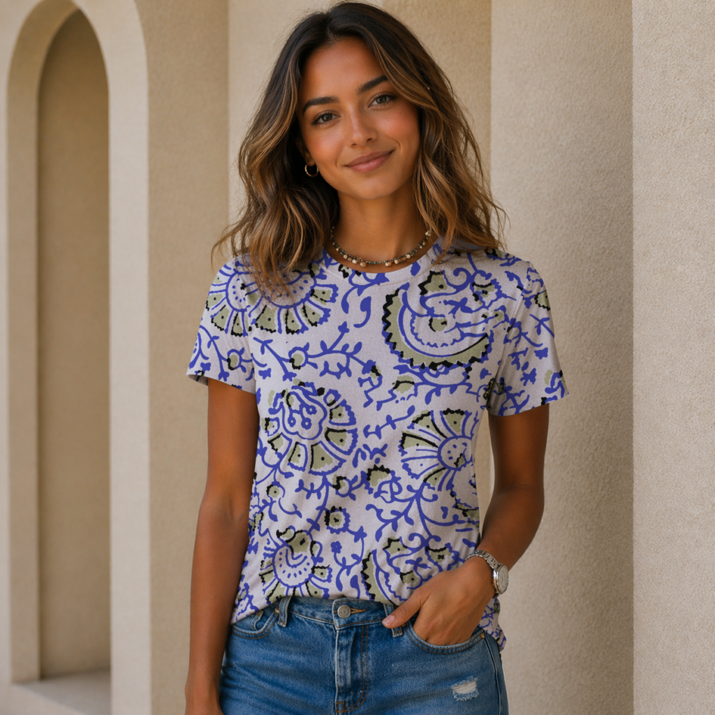 Floral Print green navy Women’s T-Shirt All-Over Print Women's Cotton T-Shirt