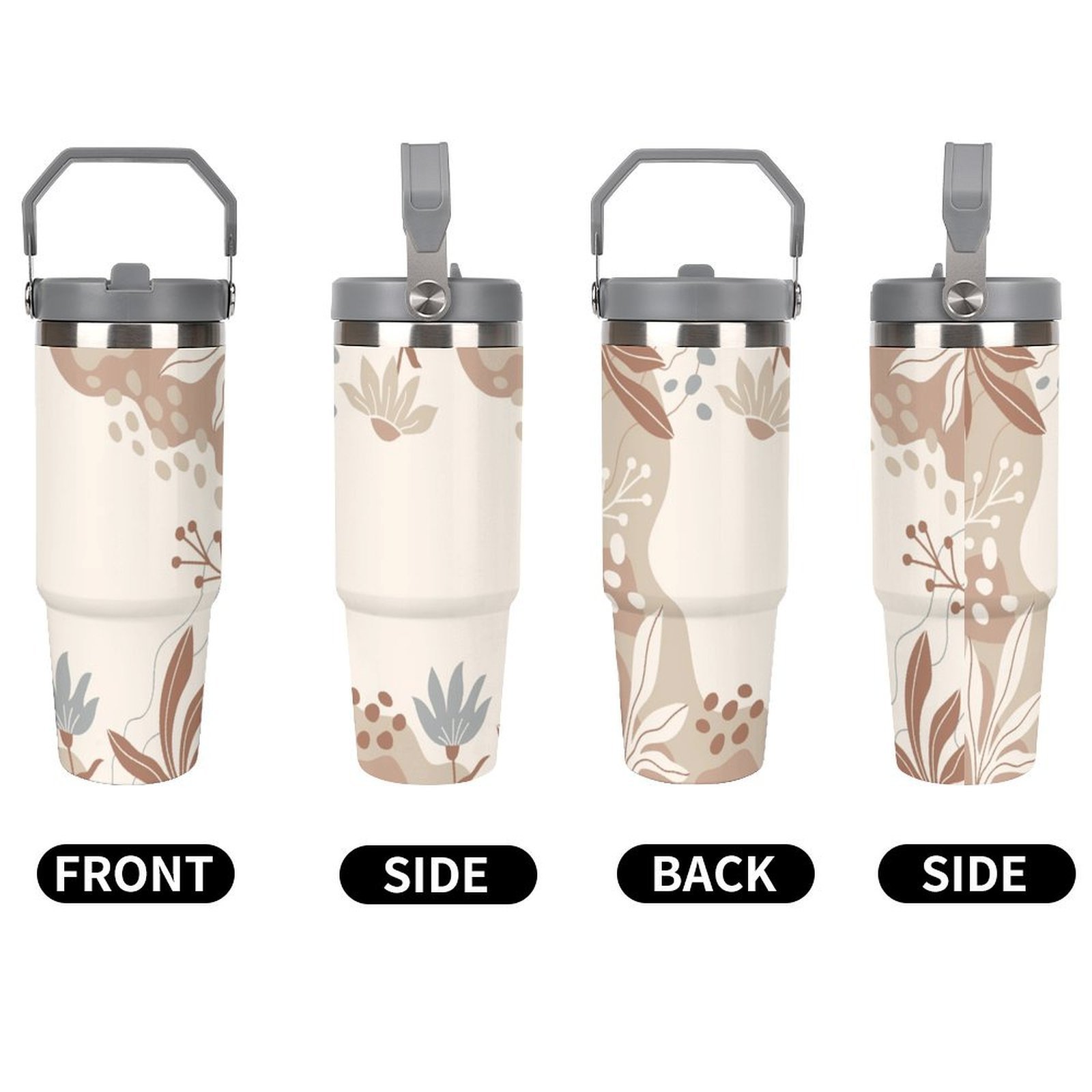 Drinkware Tumbler Vacuum Flask -Brown Beige Abstract Tumbler with Top Handle (30oz) - Image 2