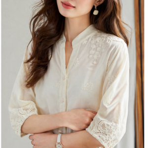 Pure Cotton Embroidered V-Neck Shirt