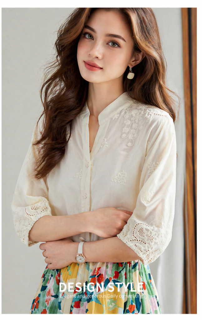 Pure Cotton Embroidered V-Neck Shirt
