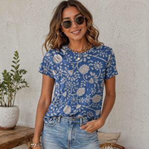 Blue Floral Print Casual T-Shirt 100 % cotton fabric All-Over Print Women's Cotton T-Shirt