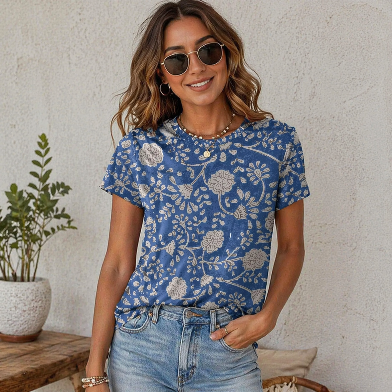 Blue Floral Print Casual T-Shirt 100 % cotton fabric All-Over Print Women's Cotton T-Shirt