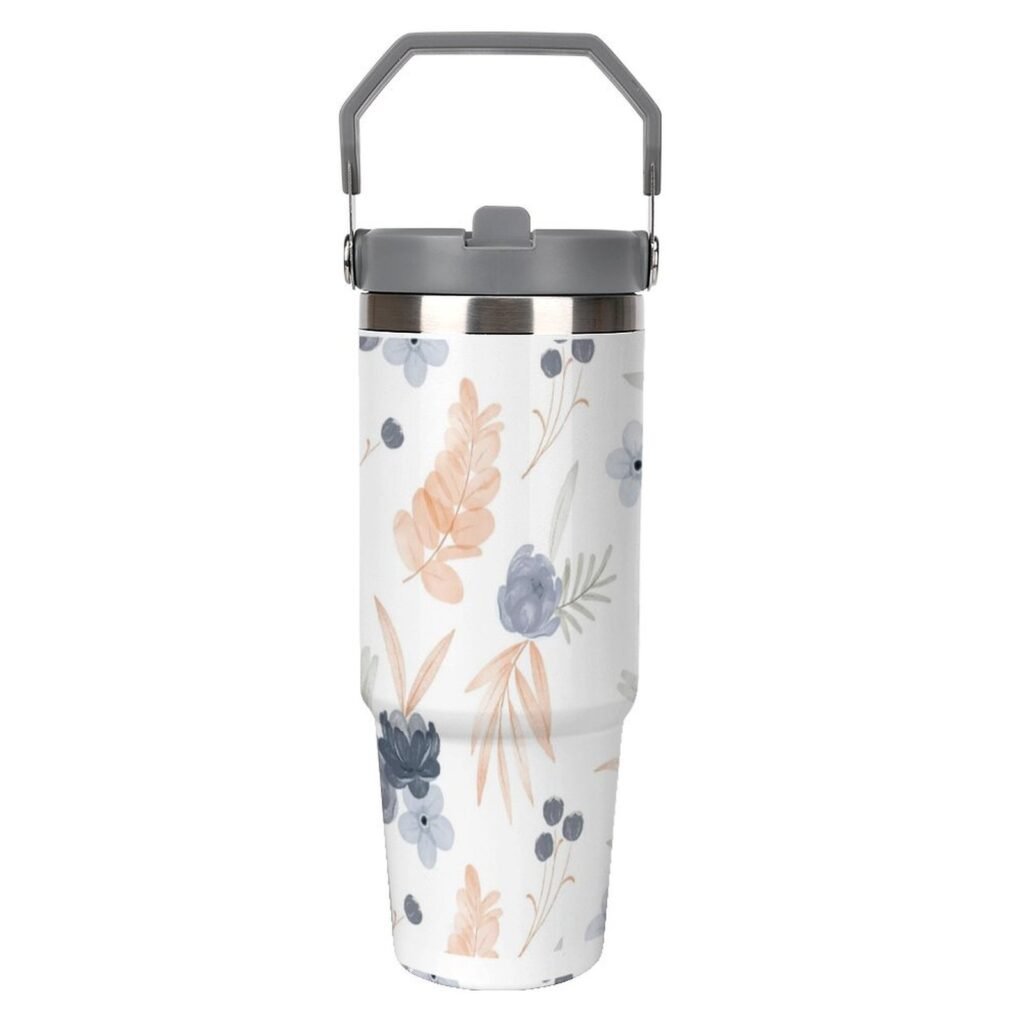 Drinkware Tumbler Vacuum Flask -Orange Blue Floral Tumbler with Top Handle (30oz)