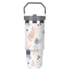 Drinkware Tumbler Vacuum Flask -Orange Blue Floral Tumbler with Top Handle (30oz)
