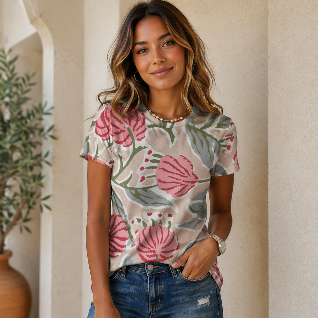 Botanical Tropical Floral Print Women’s T-Shirt All-Over Print Women's Cotton T-Shirt