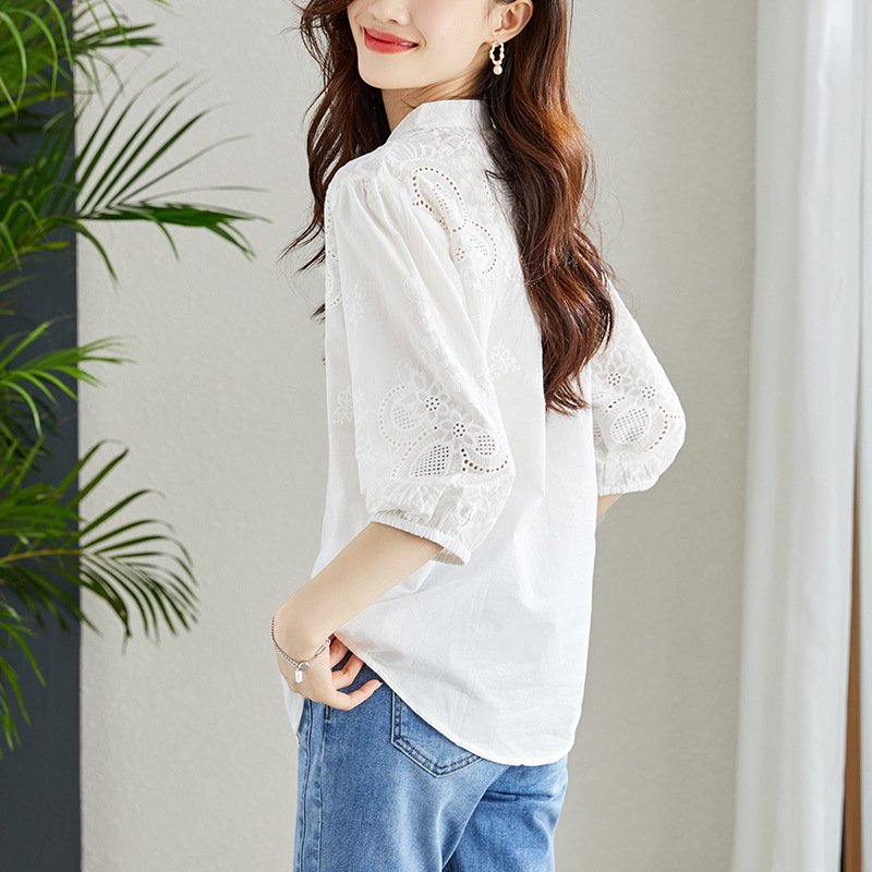 Pure Cotton Embroidered V-Neck Shirt - Image 5