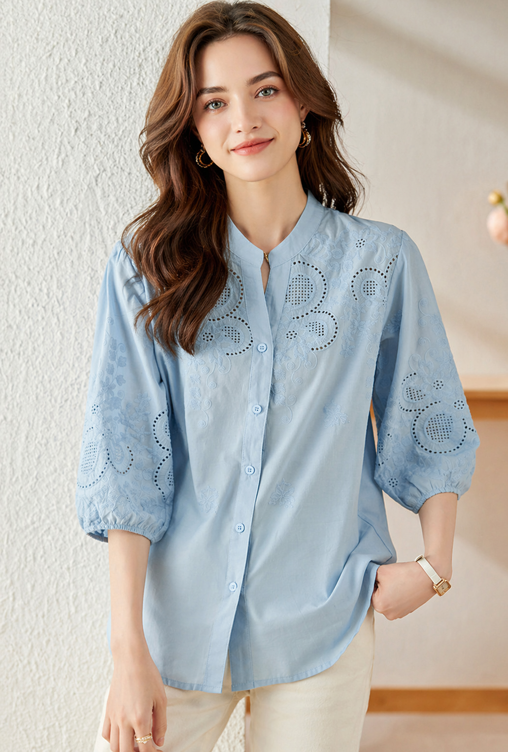 Pure Cotton Embroidered V-Neck Shirt - Image 8