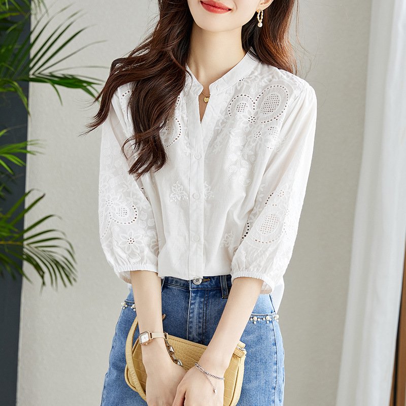 Pure Cotton Embroidered V-Neck Shirt - Image 2