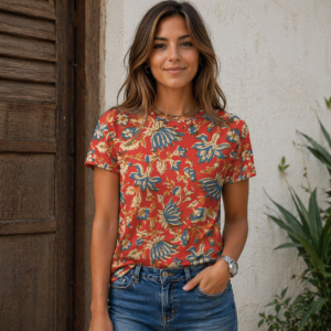 Maroon & Blue Floral Print Casual T-Shirt All-Over Print Women's Cotton T-Shirt
