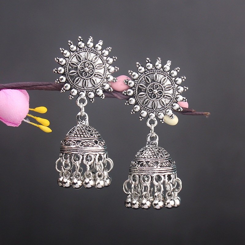 Oxidized Silver Tassel Jhumka Earrings