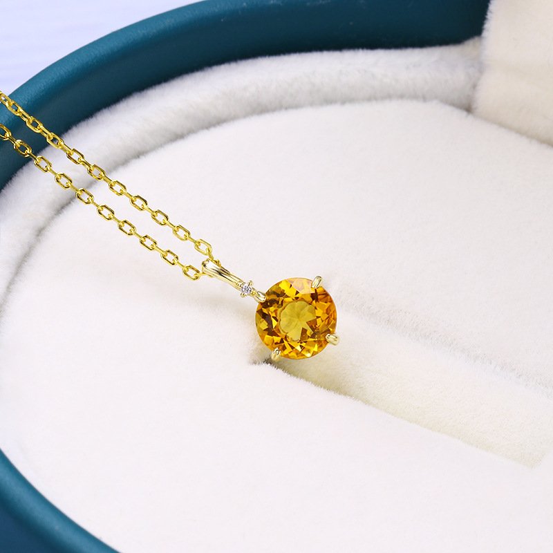 Simple 9K solid Gold Yellow Topaz Pendant Necklace Set - Image 3