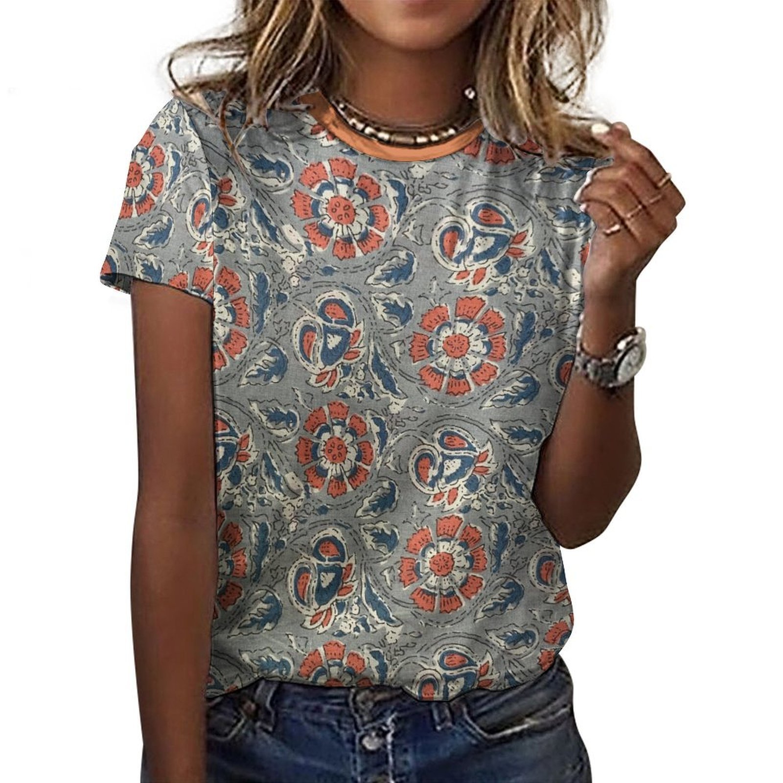 Blue Orange Floral Cotton Shirt