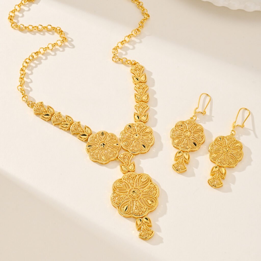 pure 24 k Gold Plated Drop Necklace and Earrings jewelry set