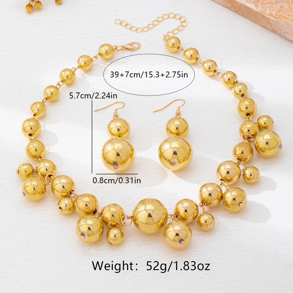 Gold Metal Ball Bead Necklace and Earring set - Image 4
