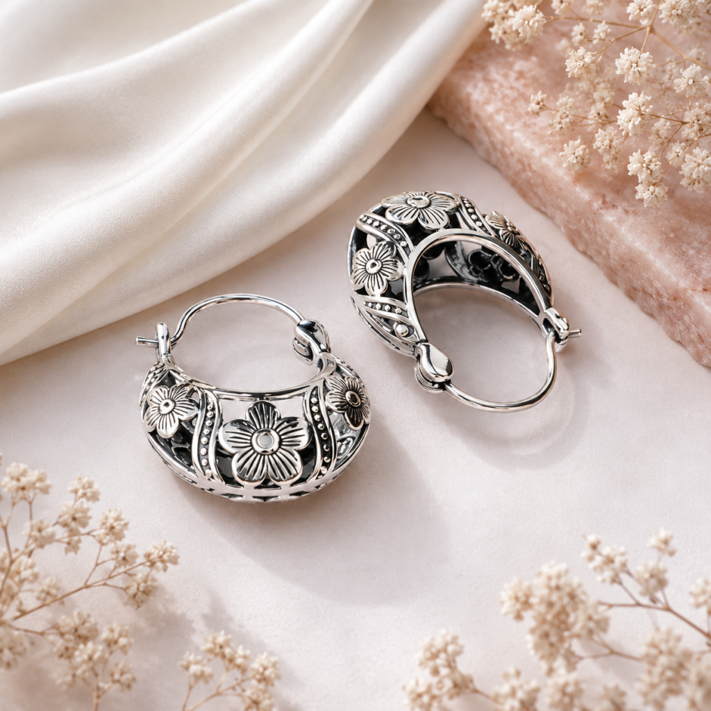 High quality Vintage Floral pure Silver Earrings