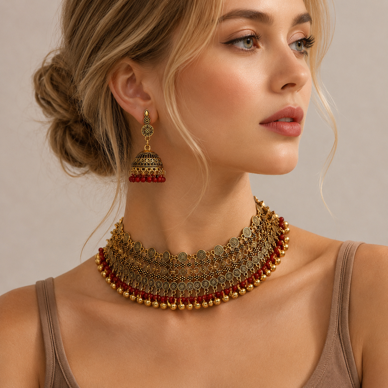 Ethnic South Asian Tasseled Necklace and Earrings Set - Image 4
