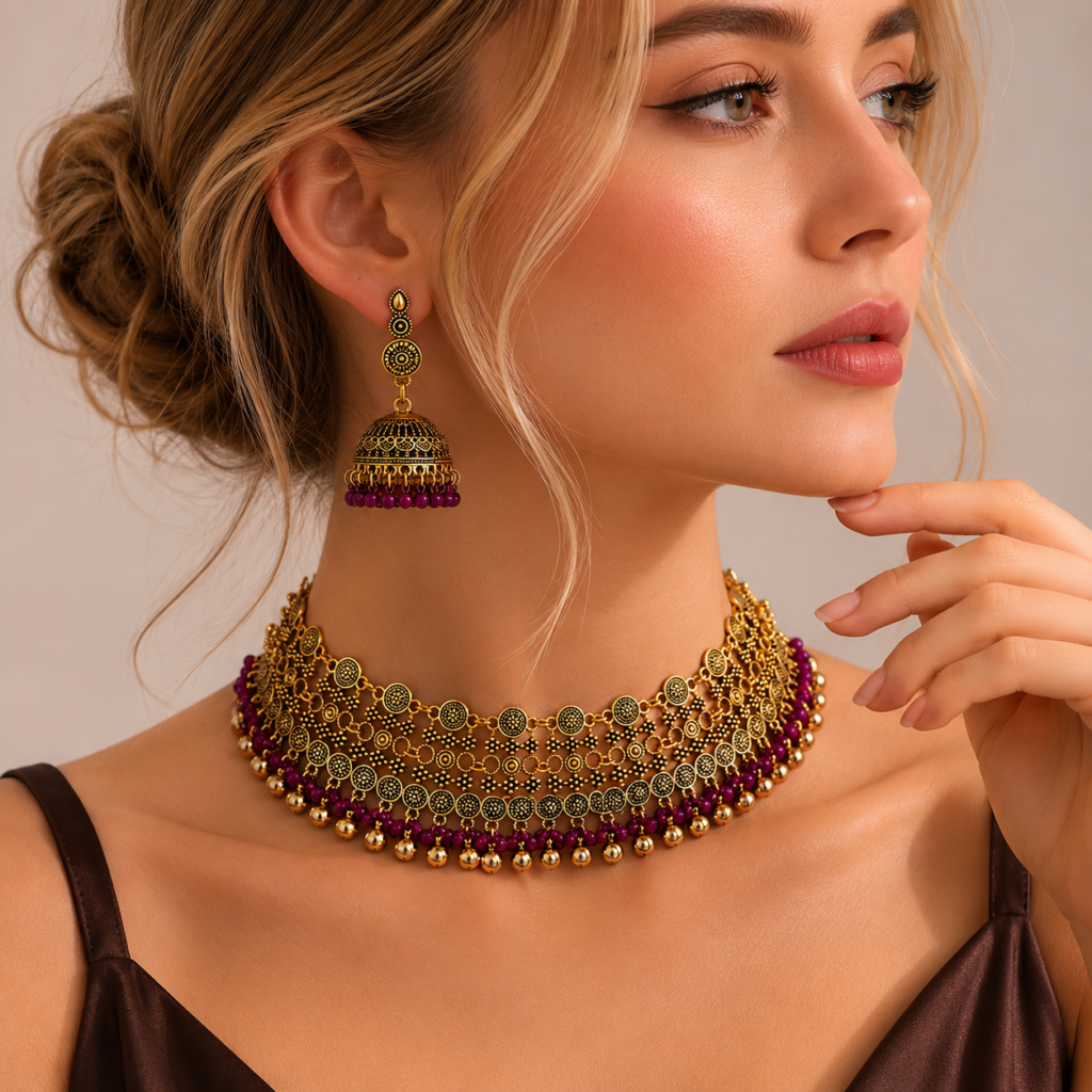 Ethnic South Asian Tasseled Necklace and Earrings Set
