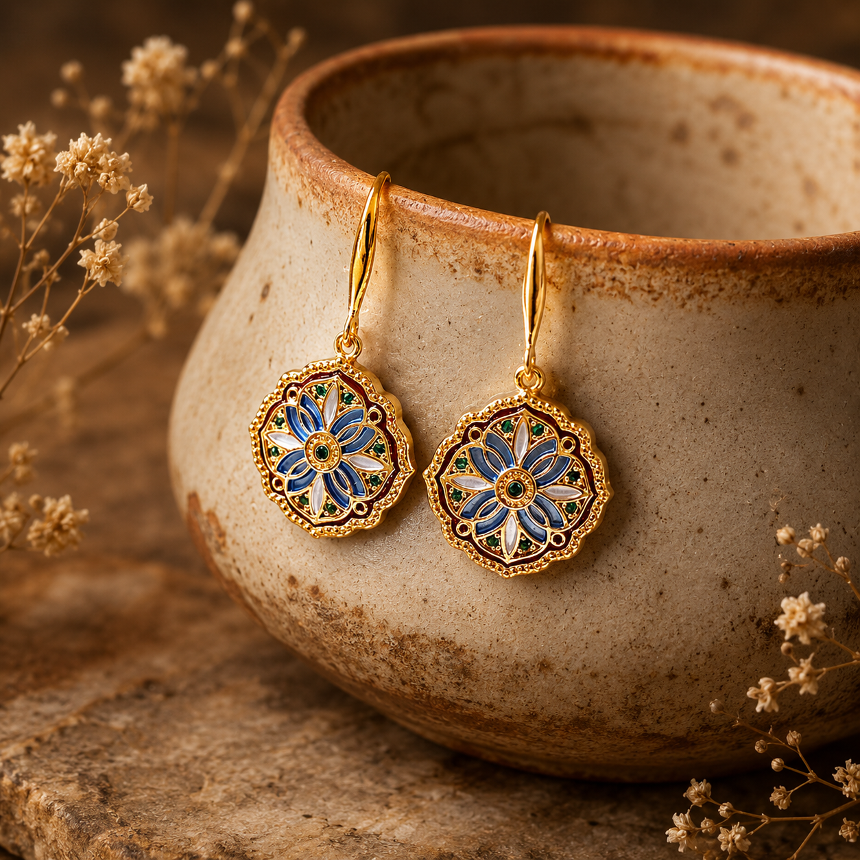 Floral Enamel Geometric vintage inspired Earrings - Image 6
