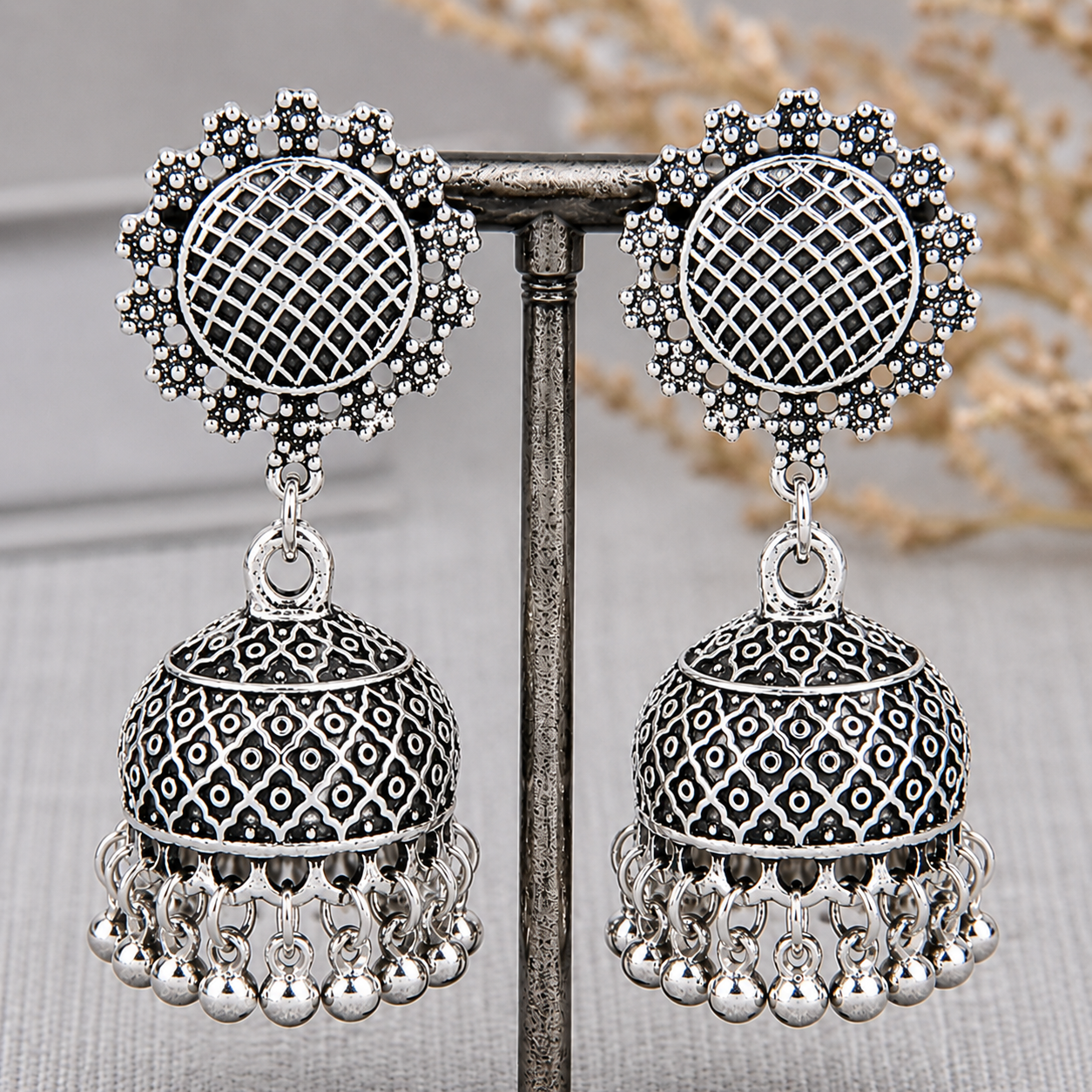 Indian vintage inspired Bell Jhumka Earrings in gold plated silver alloy - Image 5