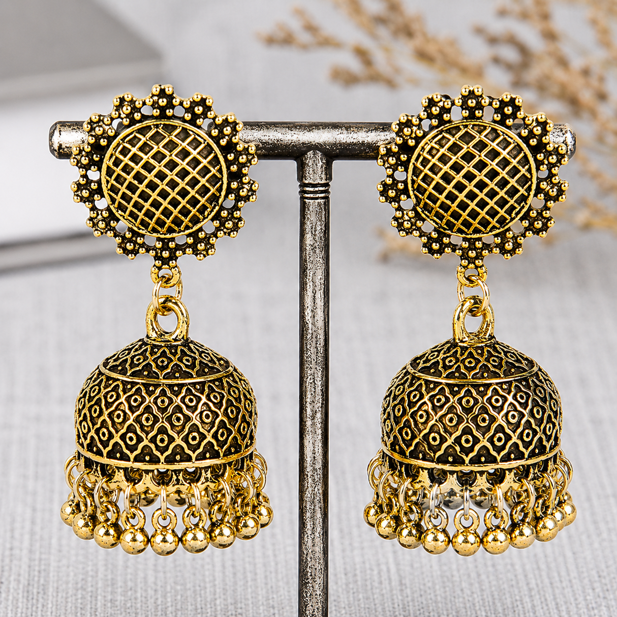 Indian vintage inspired Bell Jhumka Earrings in gold plated silver alloy - Image 6