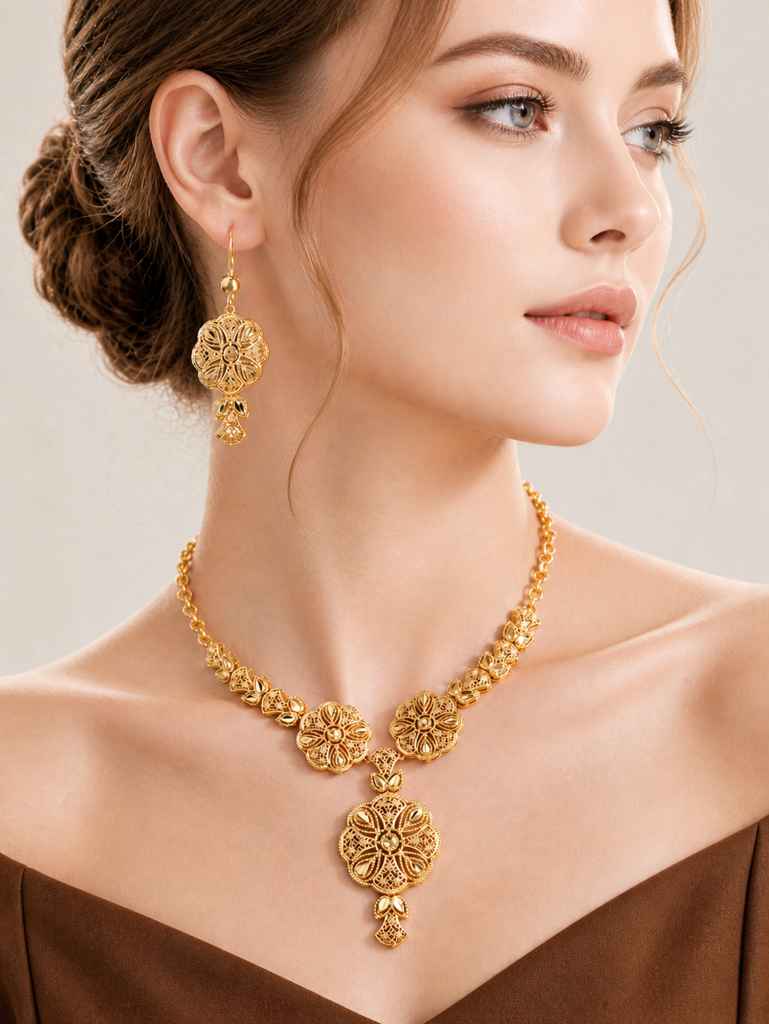 pure 24 k Gold Plated Drop Necklace and Earrings jewelry set - Image 5