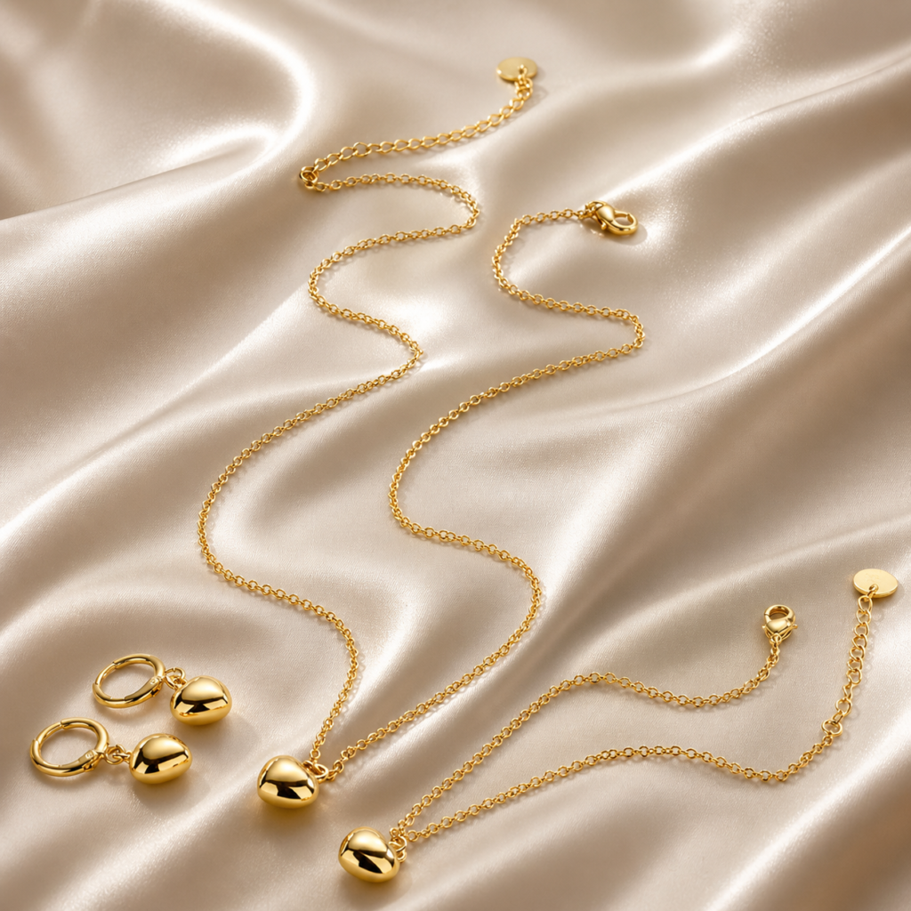 gold plated heart shaped necklace earrings set