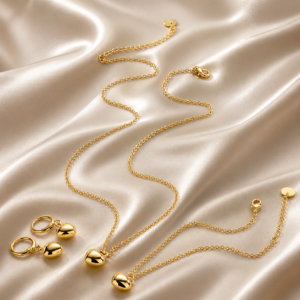 gold plated heart shaped necklace earrings set
