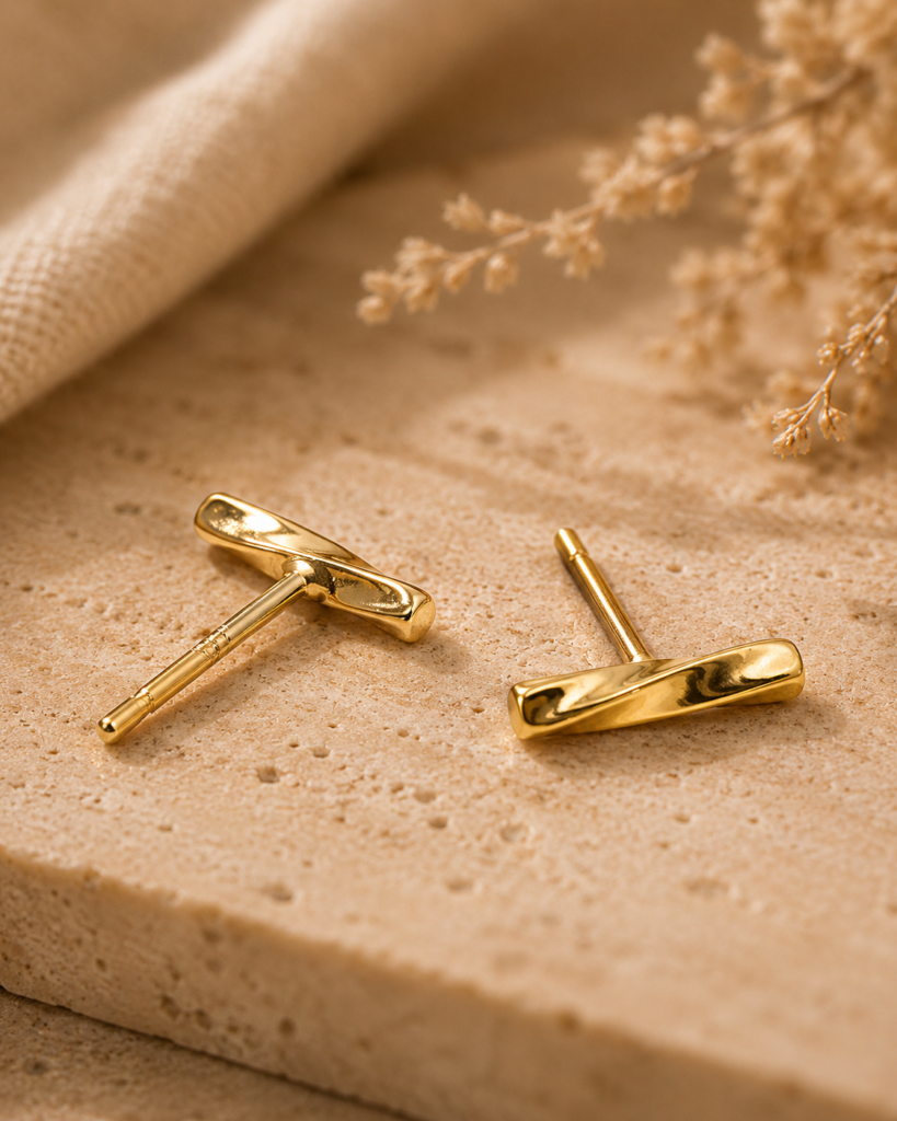 14k pure gold twisted bar stud earrings