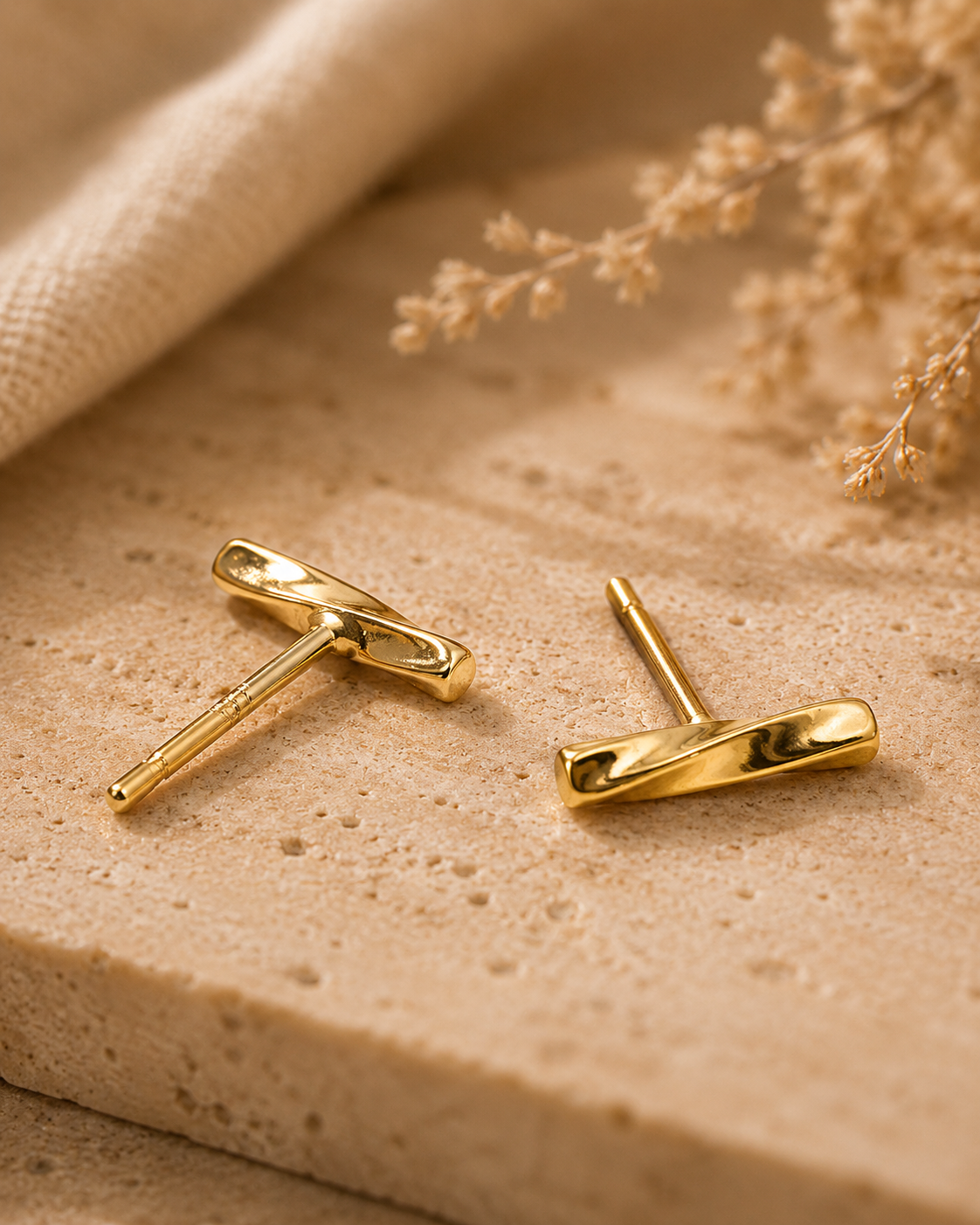 14k pure gold twisted bar stud earrings