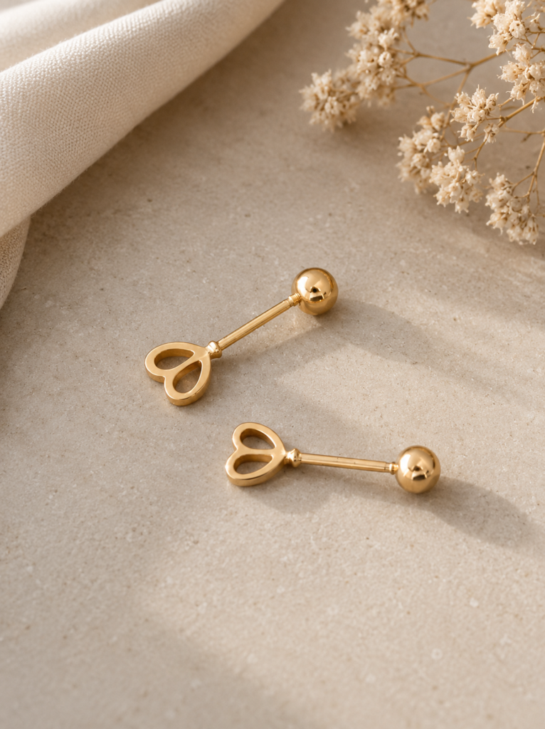 14K Gold Key Heart Ear Studs