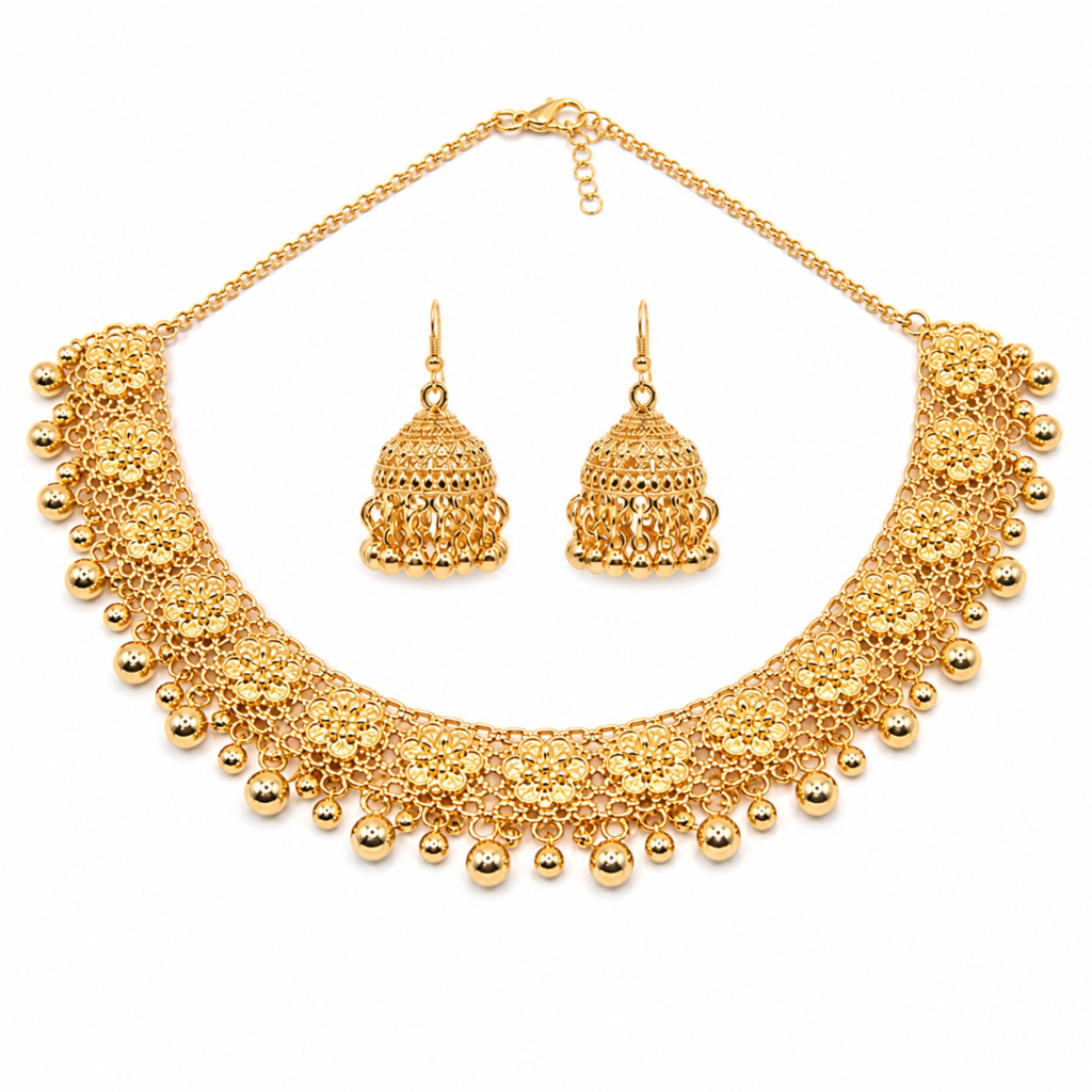 gold plated Tassel Earrings jhumka and Necklace Set