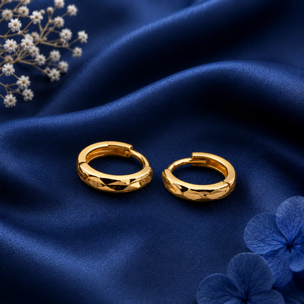10K pure Gold Earrings for Women, Faceted and Engraved Round Ear Clips/Ear Cuffs