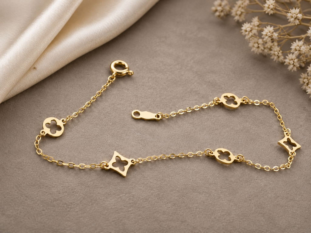 Solid 14K Gold Bracelet Four-leaf Hollow Flower Pure Gold Bracelet