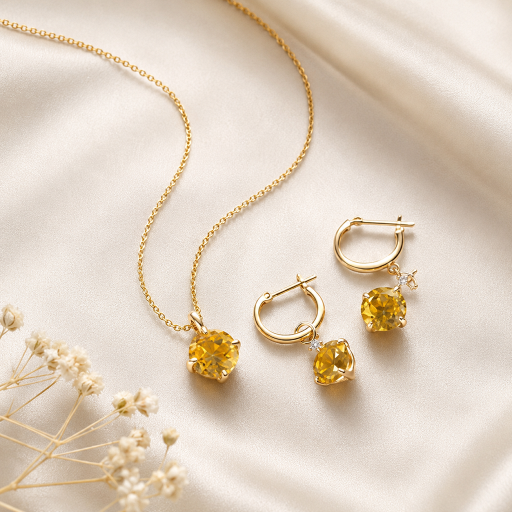 Simple 9K solid Gold Yellow Topaz Pendant Necklace Set