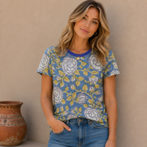 royale blue background yellow beige flowers All-Over Print Women's Cotton T-Shirt