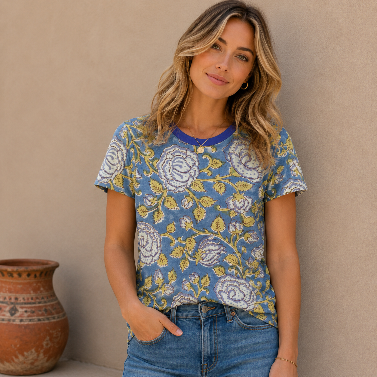royale blue background yellow beige flowers All-Over Print Women's Cotton T-Shirt
